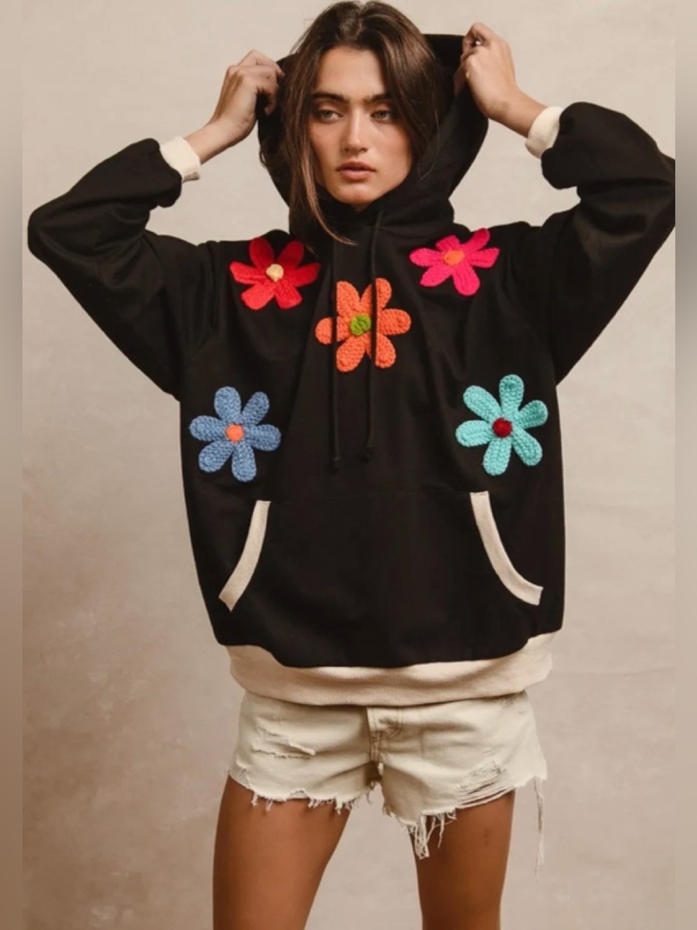 NWOT BiBi Black Patched Hoodie Sweater with Bright Floral Appliqués Small